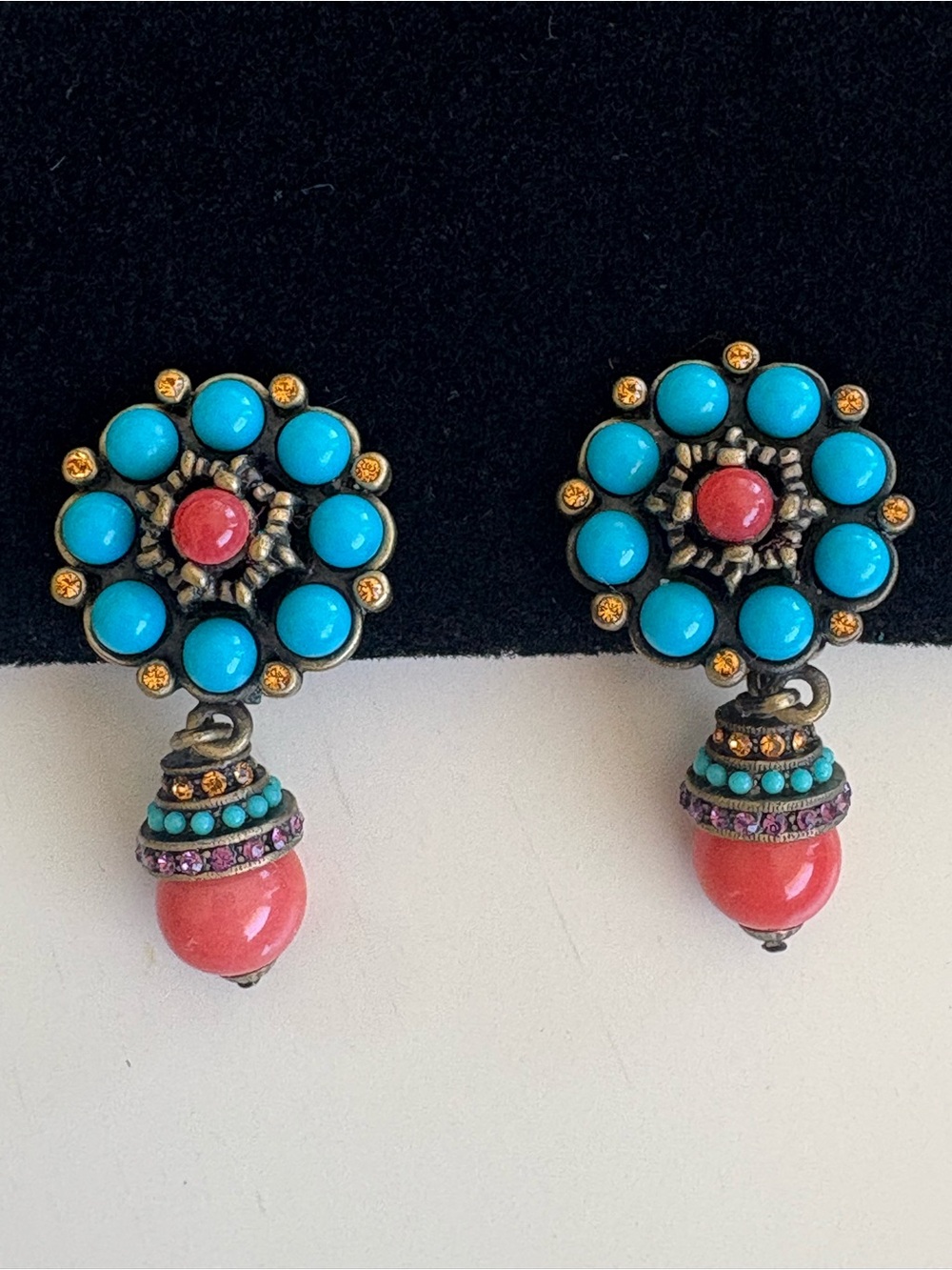 Vintage Heidi Daus Clip-On Earrings w/ Faux Turquoise,Coral & Rhinestones